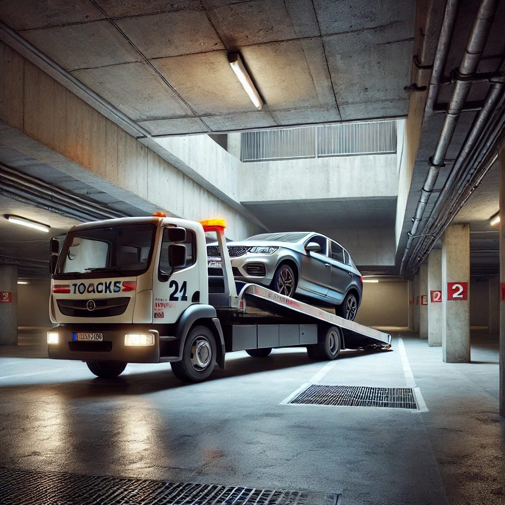 Dépannage automobile en sous‑sol dans un parking souterrain d’Île‑de‑France avec technicien intervenant pour remettre en route un véhicule en panne