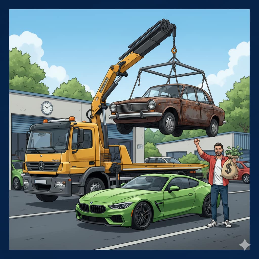 Épaviste procédant à l’enlèvement d’une épave automobile avec possibilité de rachat de véhicule hors d’usage avant recyclage