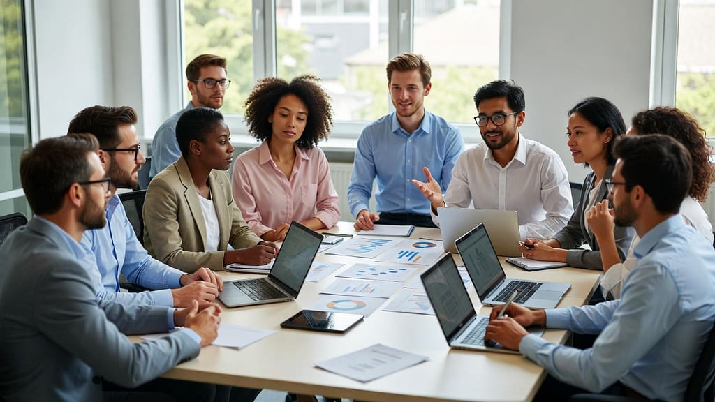 Comment optimiser la communication interne dans une organisation hybride ? Collaborateurs échangeant efficacement dans un environnement de travail hybride