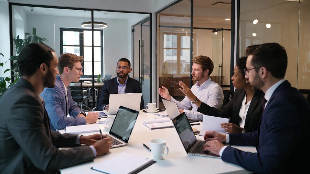 Les bonnes pratiques pour une communication interne réussie et durable Équipe échangeant efficacement grâce à une communication interne structurée